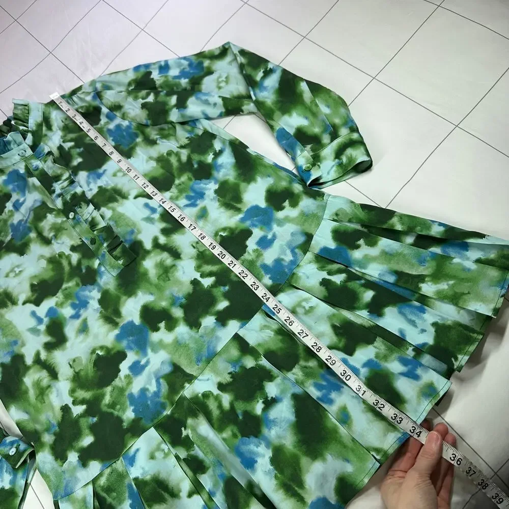Tuckernuck Dress Womens Medium Green Deep Lagoon Tate Pleated Mini Long Sleeve - Picture 10 of 10